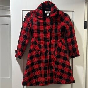 Girls, red and black plaid holiday coat, fur-lined